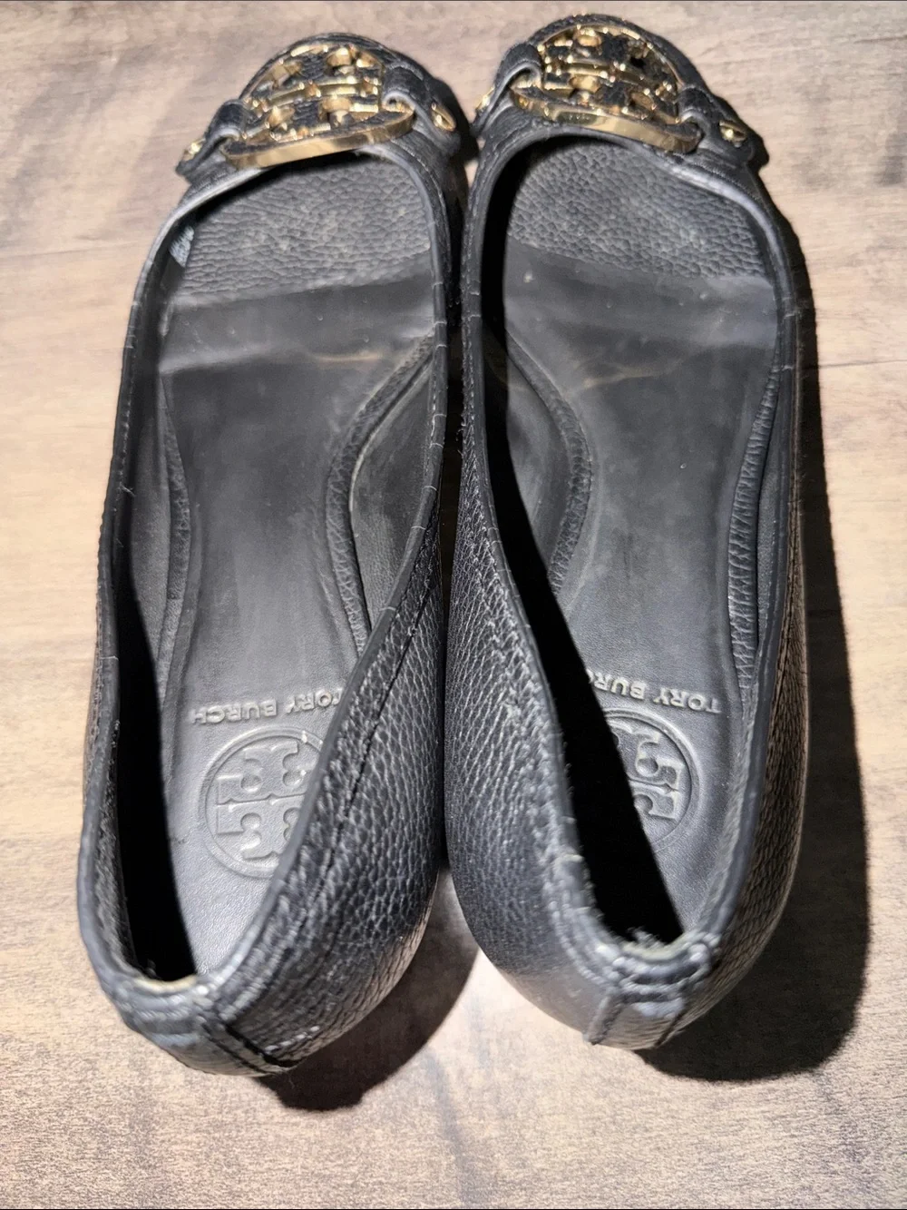 Tory Burch “Amanda”Black Leather Peep-Toe Flats with Gold Logo Medallion